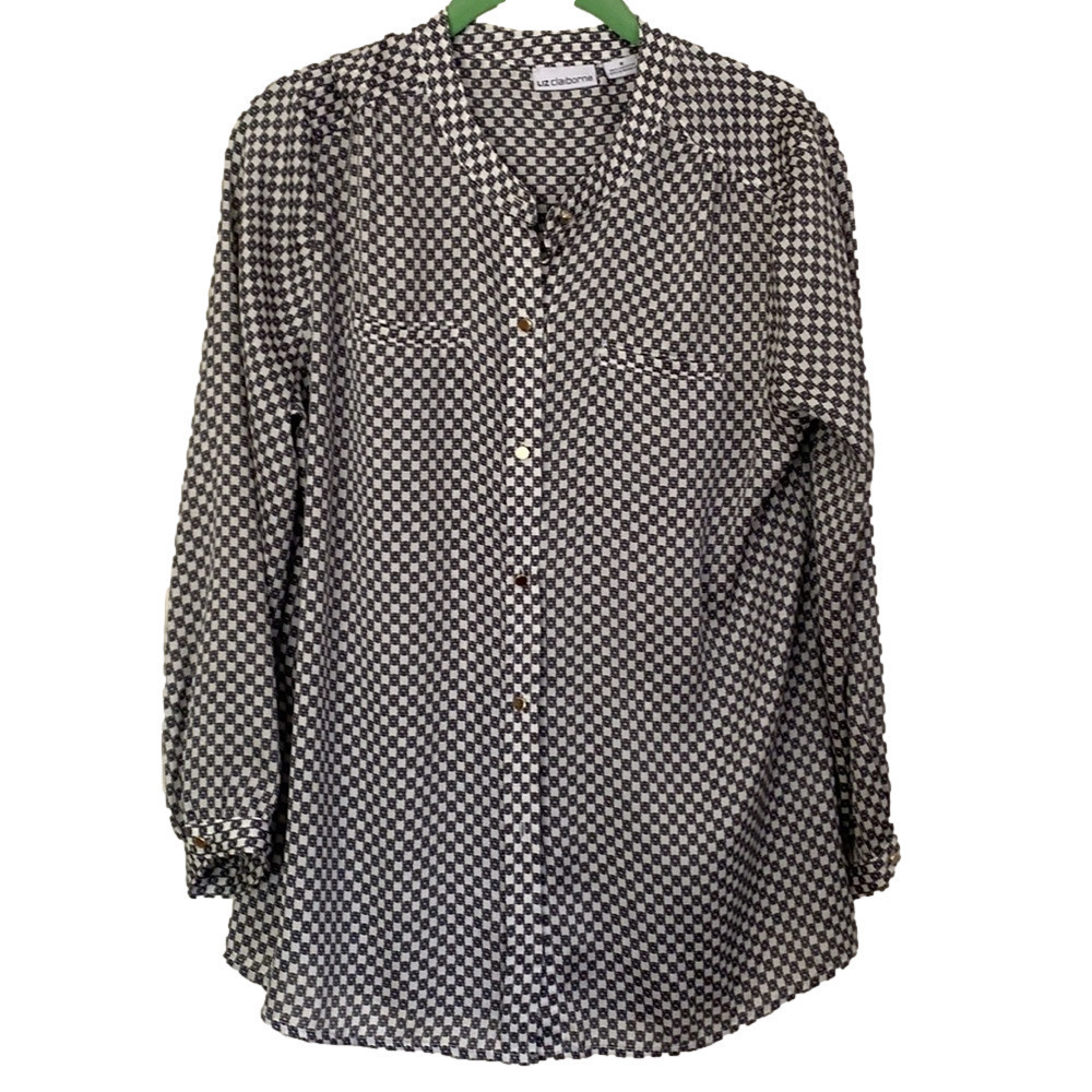 Liz Claiborne Black and White Geometric Button-Front Blouse